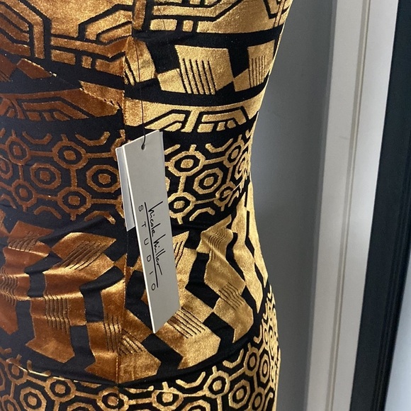NWT NICHOLE MILLER BLACK/BRONZE VELVET BURNOUT AZTEC PRINT SPAGHETTI STRAP DRESS - Picture 15 of 16